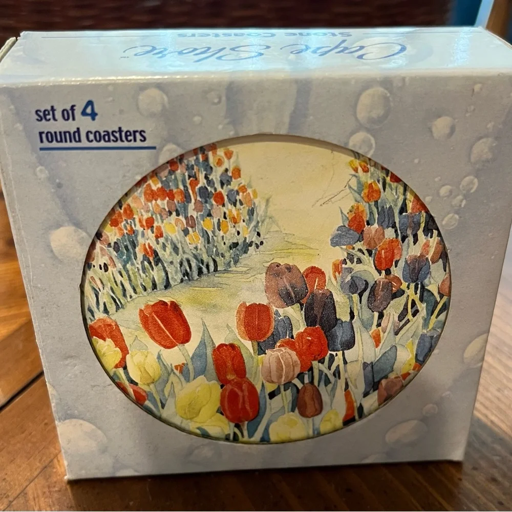 VTG Cape Shore Stone Coasters Tulips Floral Design Set Of Four NIB